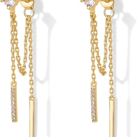 18K Gold Plated Sterling Silver Posts Drop Dangle Chain Earrings for Women | Dan - Picture 1 of 6